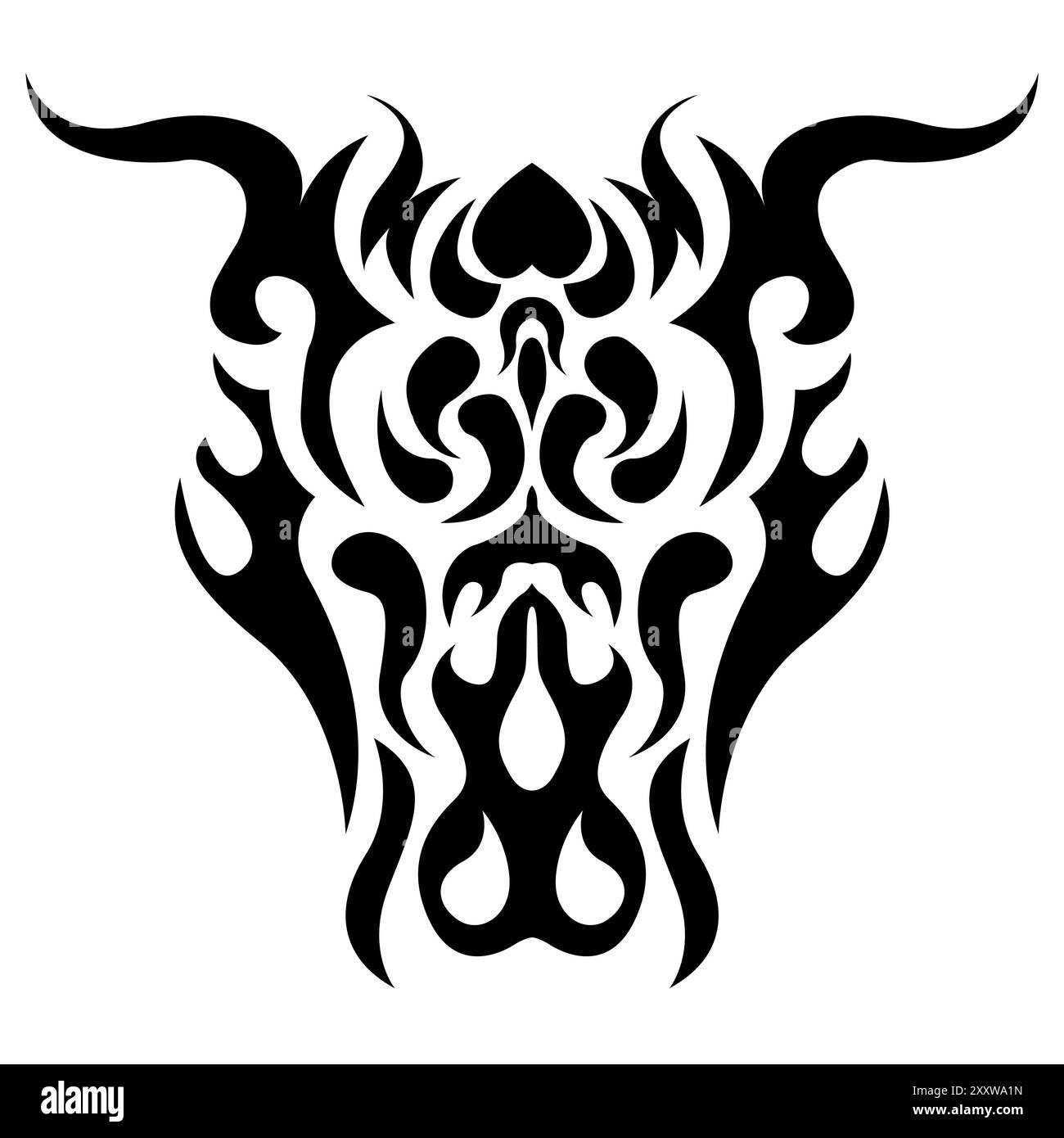 The image depicts a symmetrical tribal design that resembles the face of a bull, with prominent horns extending from the top. The design is composed o Stock Vector