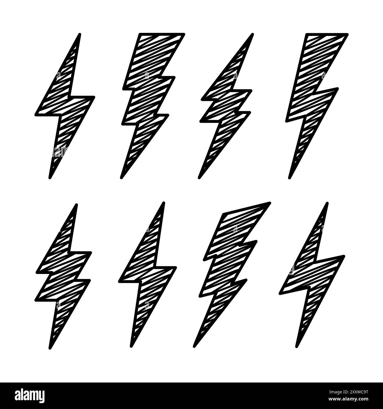Hatched lightning bolt icons collection. Hand drawn flash symbol ...