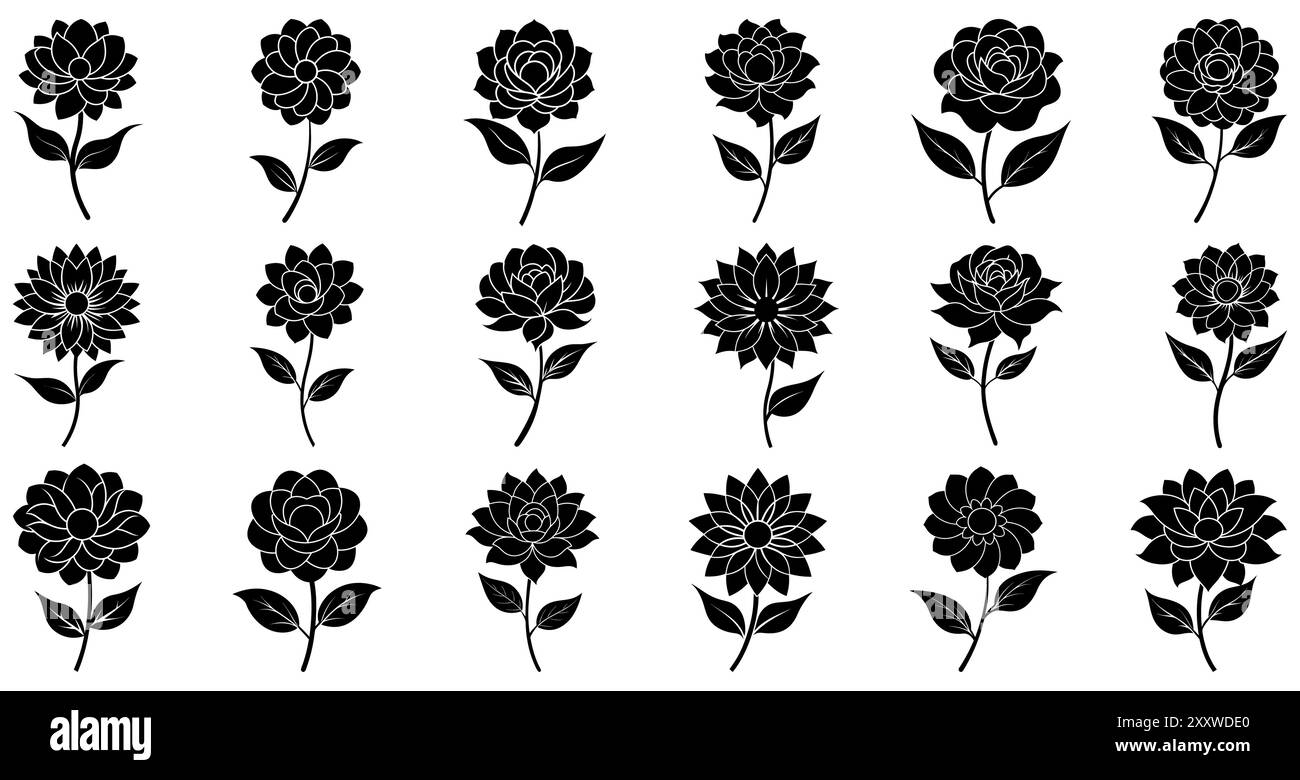 Flower icon. Set of black flowers with leaves. Flower symbols. Vector ...