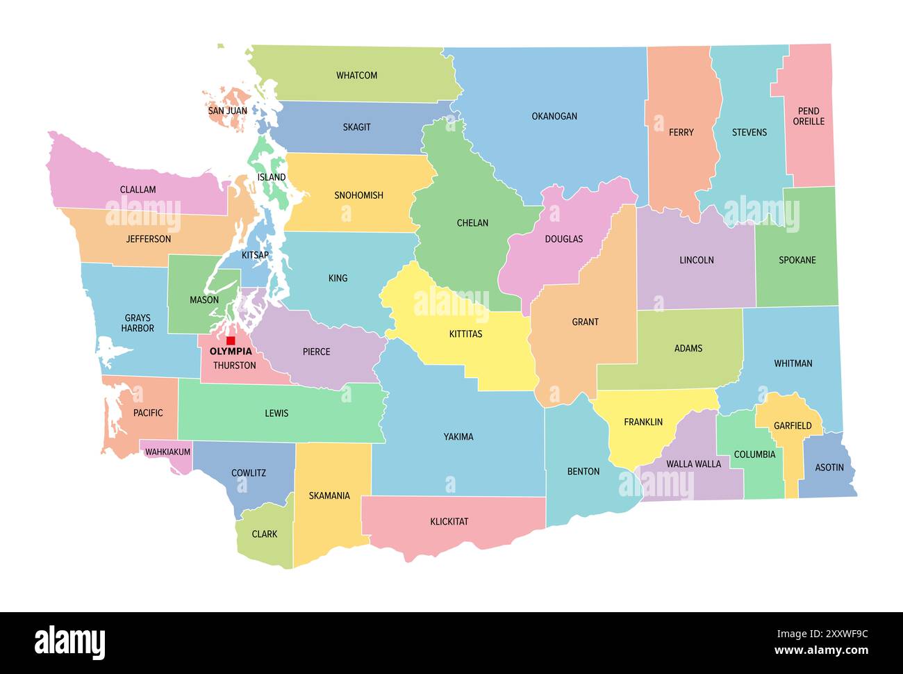 Road Map Of The Pacific Northwest - Washington Us State Multi Colored Political Map With Borders County Names And Capital Olympia State In The Pacific Northwest Region Of Usa 2XXWF9C
