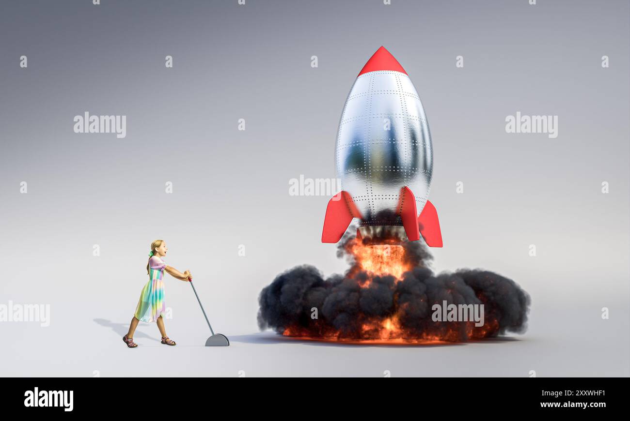 Small child is launching a giant spaceship into space using a lever ...