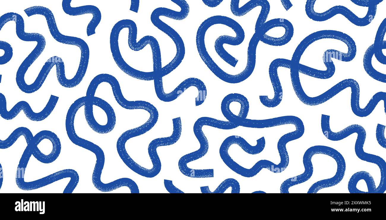 Abstract ink brush waves, squiggles, strokes vector seamless pattern. Blue swirls, scribbles background. Stock Vector