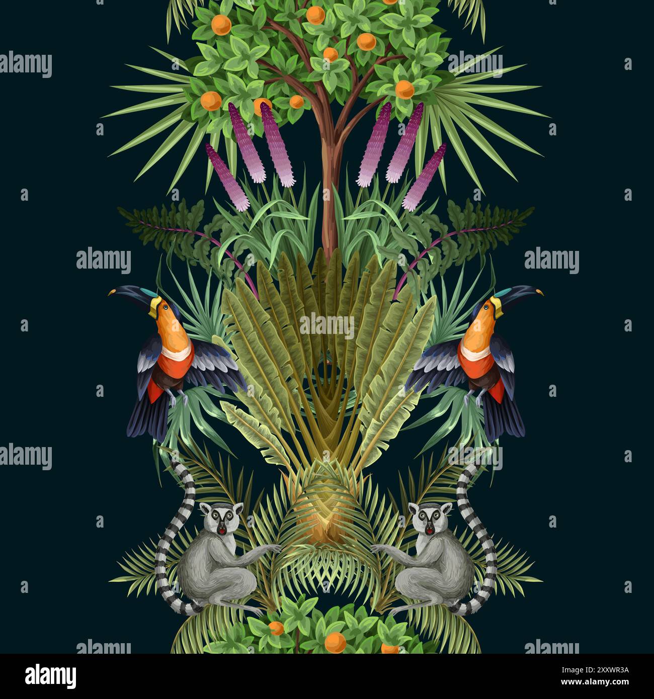 Seamless kids pattern with jungle trees and animals. Vector. Stock Vector
