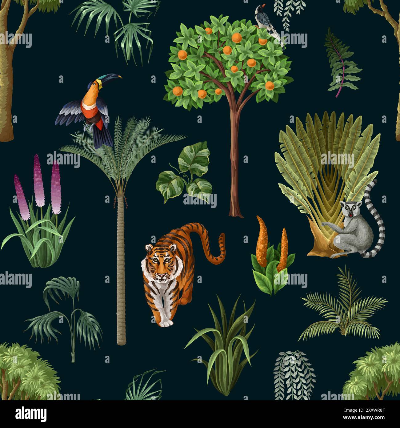 Seamless kids pattern with jungle trees and animals. Vector. Stock Vector
