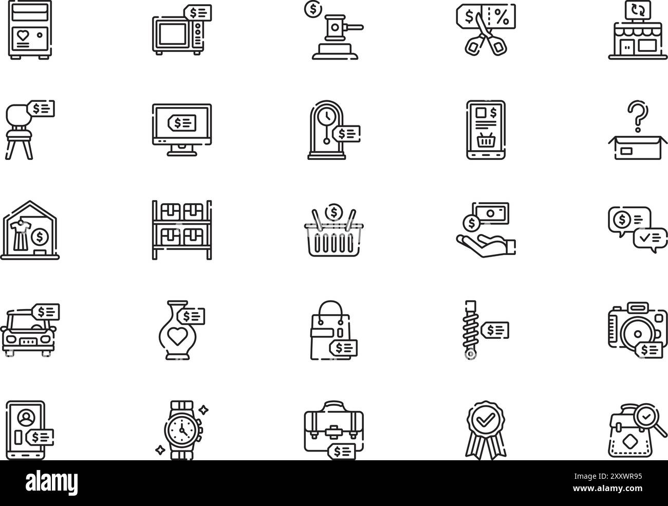 Second hand store icons collection is a vector illustration with editable stroke. Stock Vector