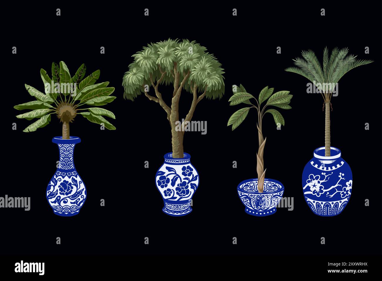 Seamless pattern with Chinese blue vases and trees. Vector. Stock Vector