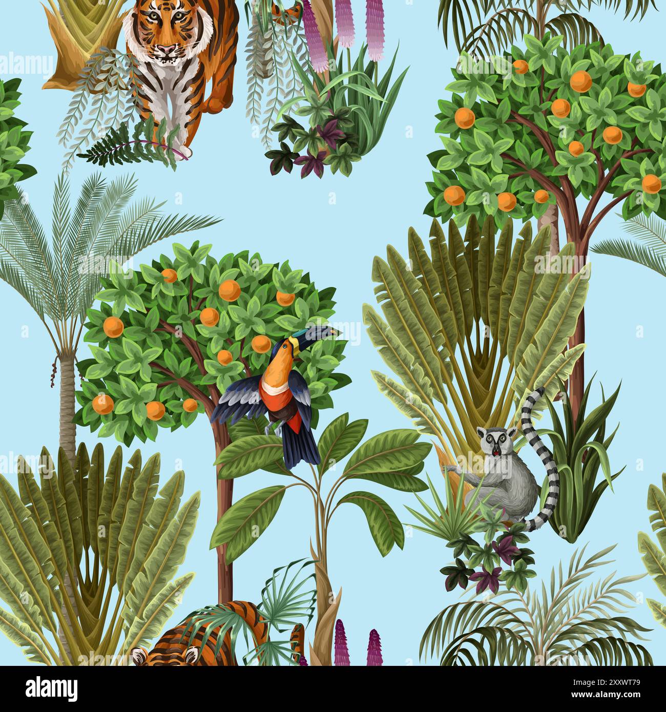 Seamless kids pattern with jungle trees and animals. Vector. Stock Vector