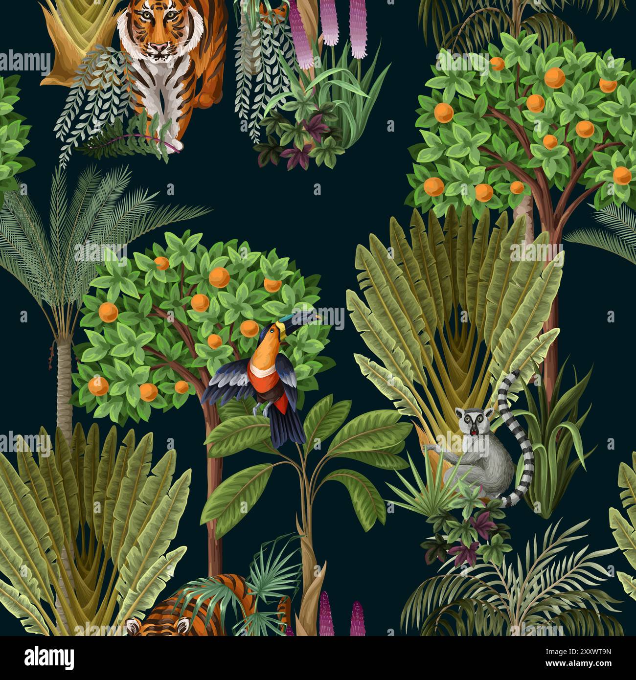 Seamless kids pattern with jungle trees and animals. Vector. Stock Vector