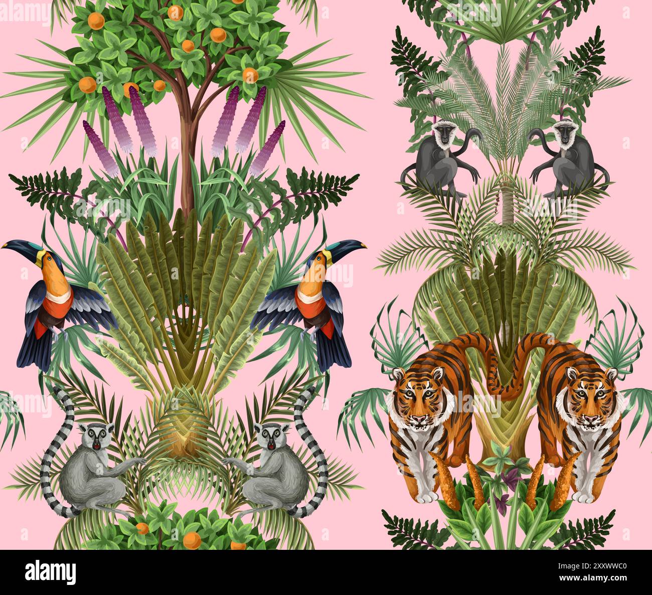 Seamless kids pattern with jungle trees and animals. Vector Stock ...