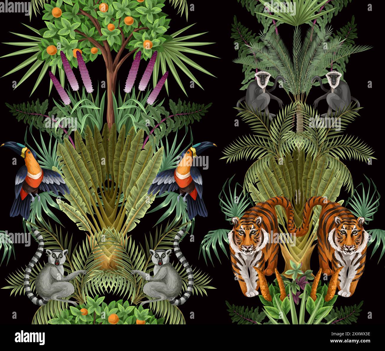 Seamless kids pattern with jungle trees and animals. Vector. Stock Vector