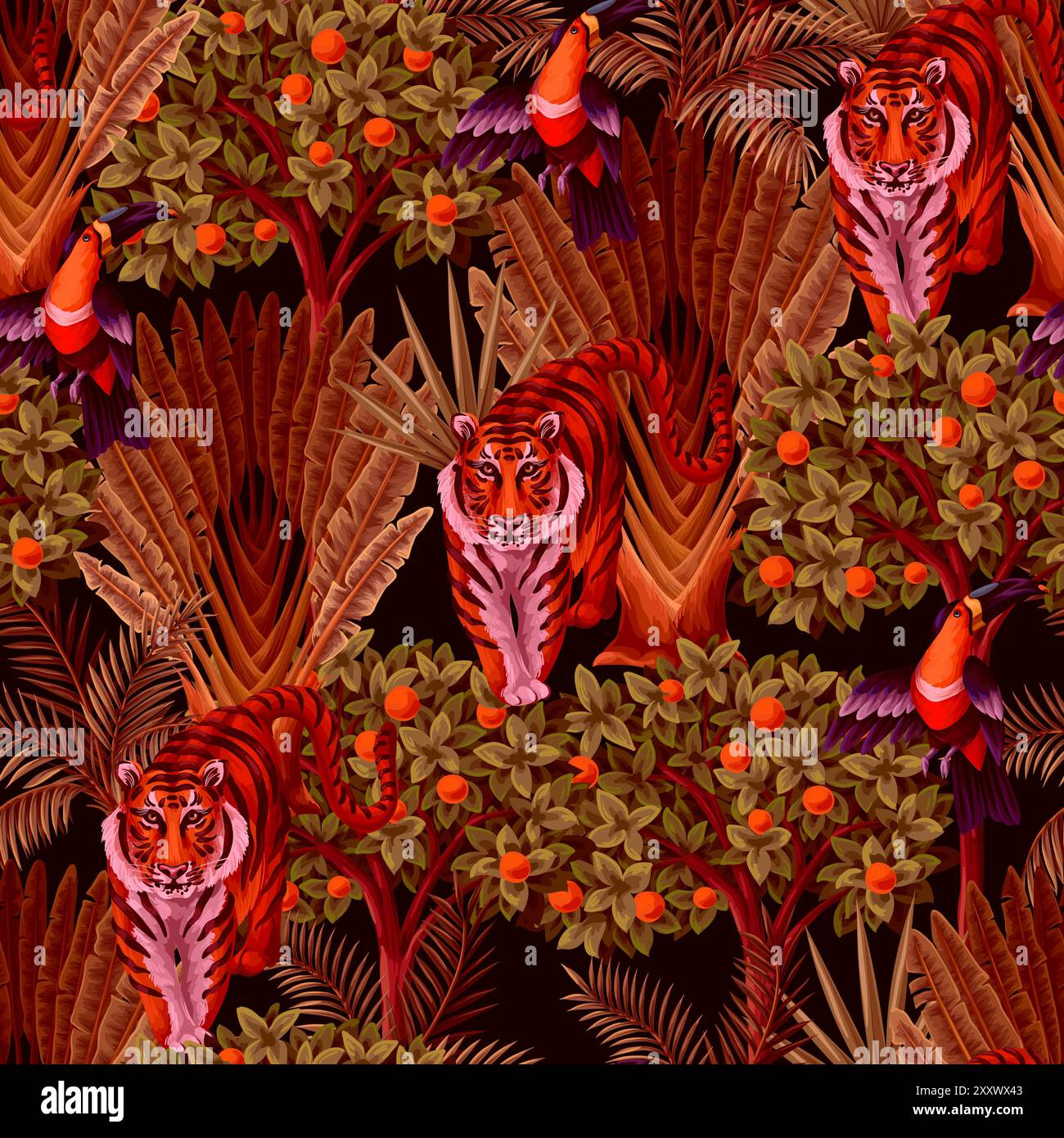 Seamless kids pattern with jungle trees and animals. Vector. Stock Vector