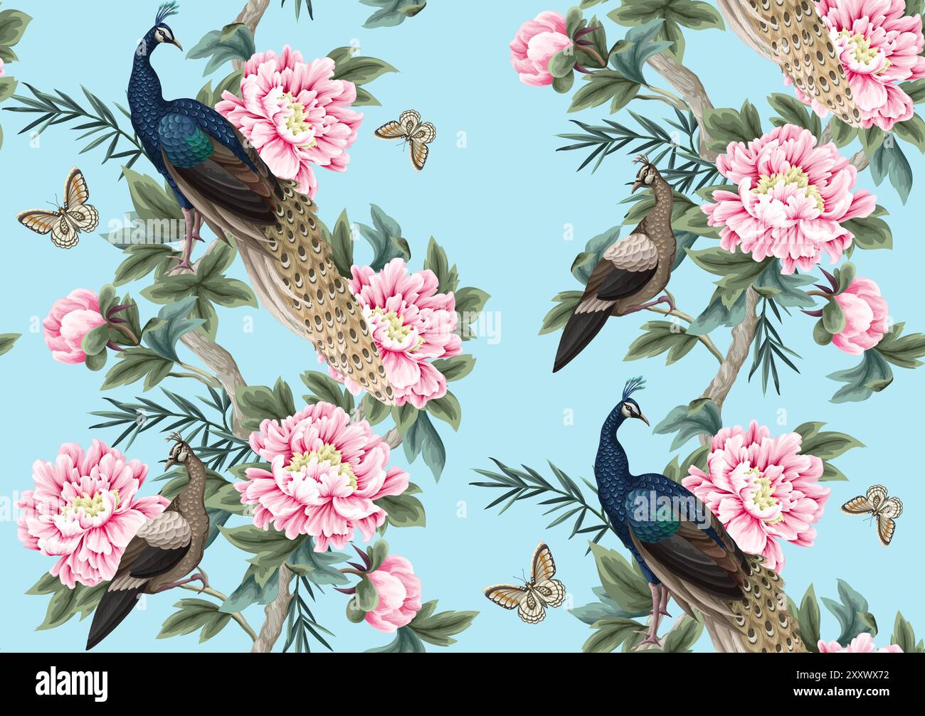 Seamless pattern with Chinese peonies and peacocks. Vector Stock Vector ...