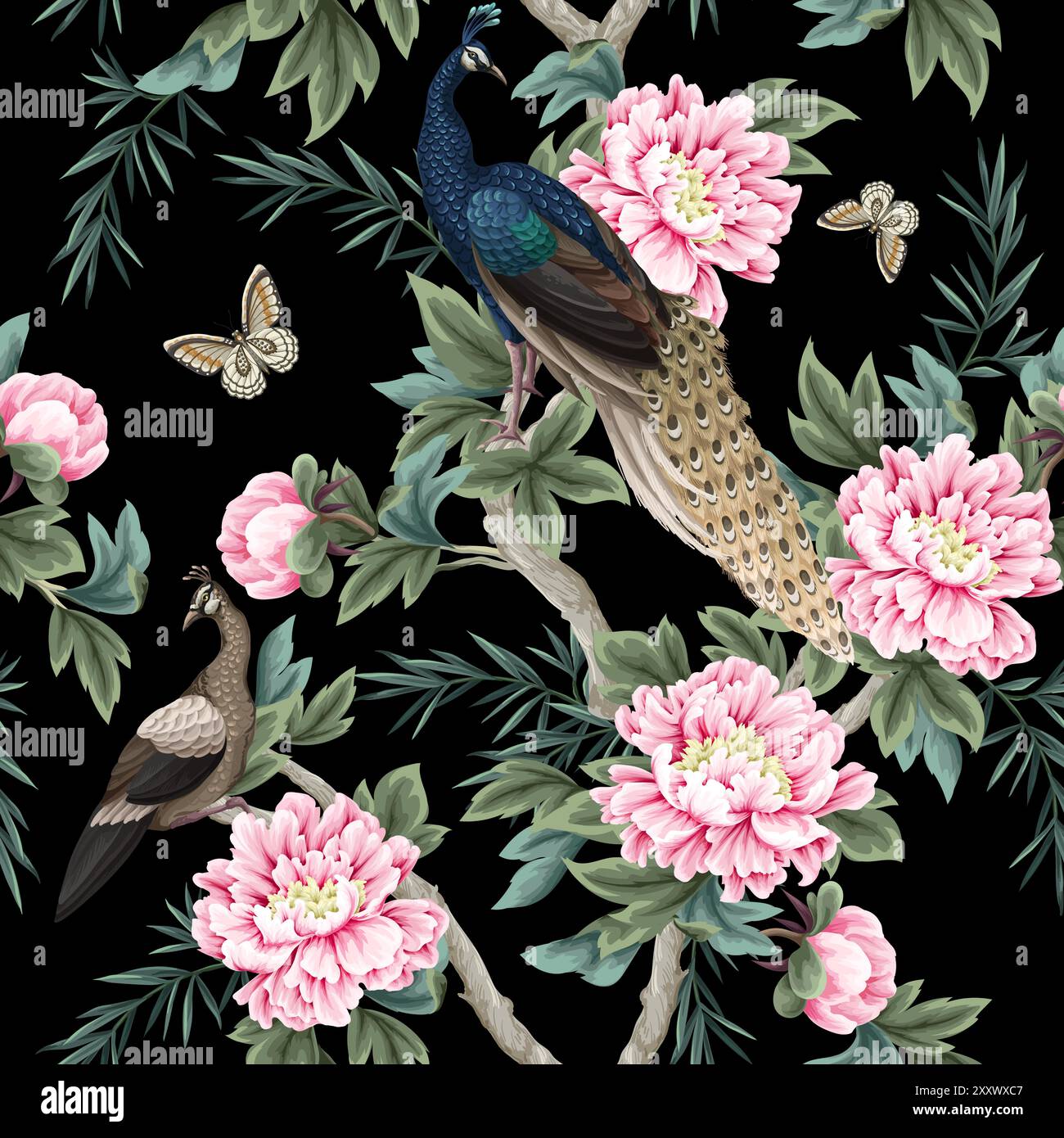 Seamless pattern with Chinese peonies and peacocks. Vector Stock Vector ...