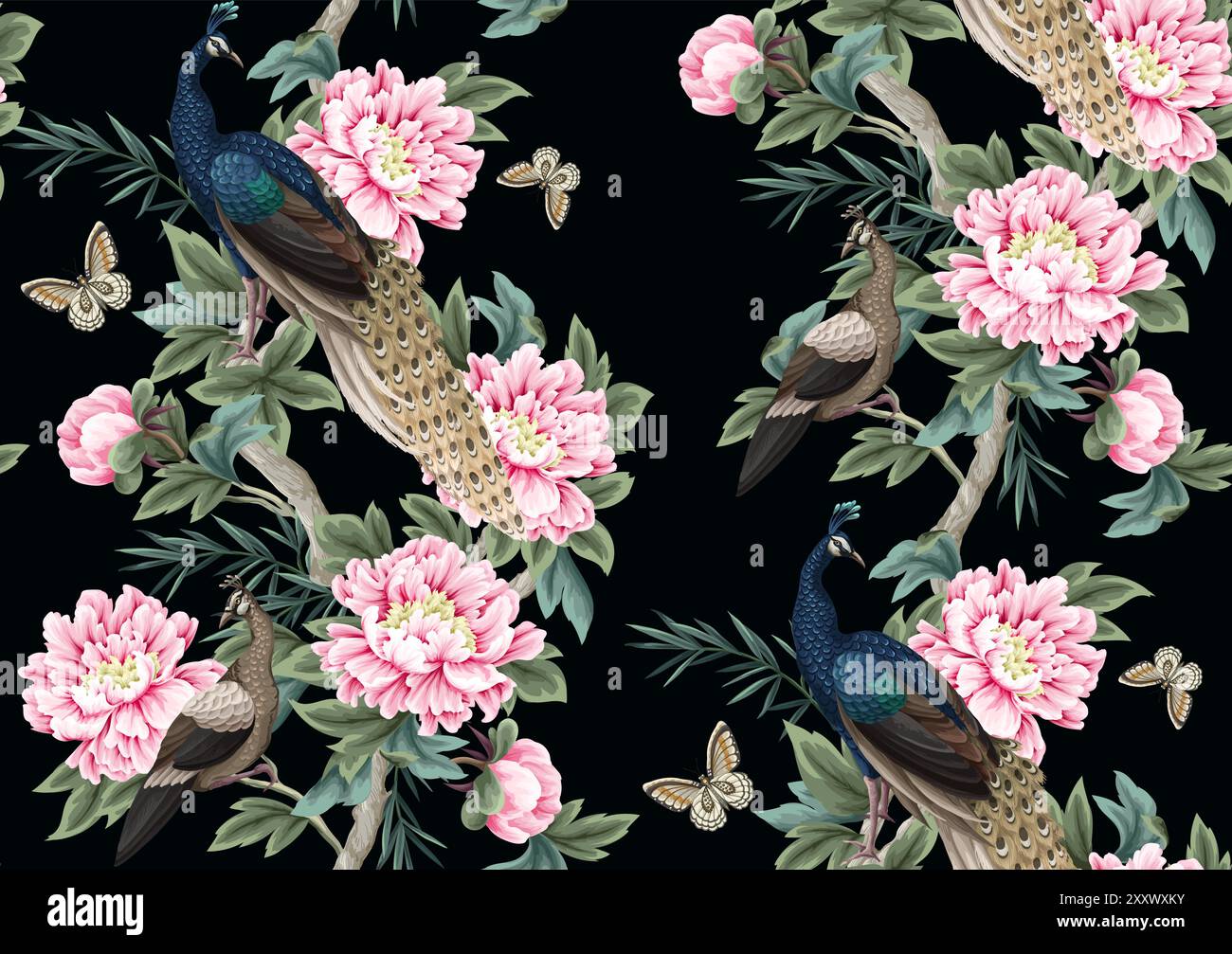 Seamless pattern with Chinese peonies and peacocks. Vector Stock Vector ...