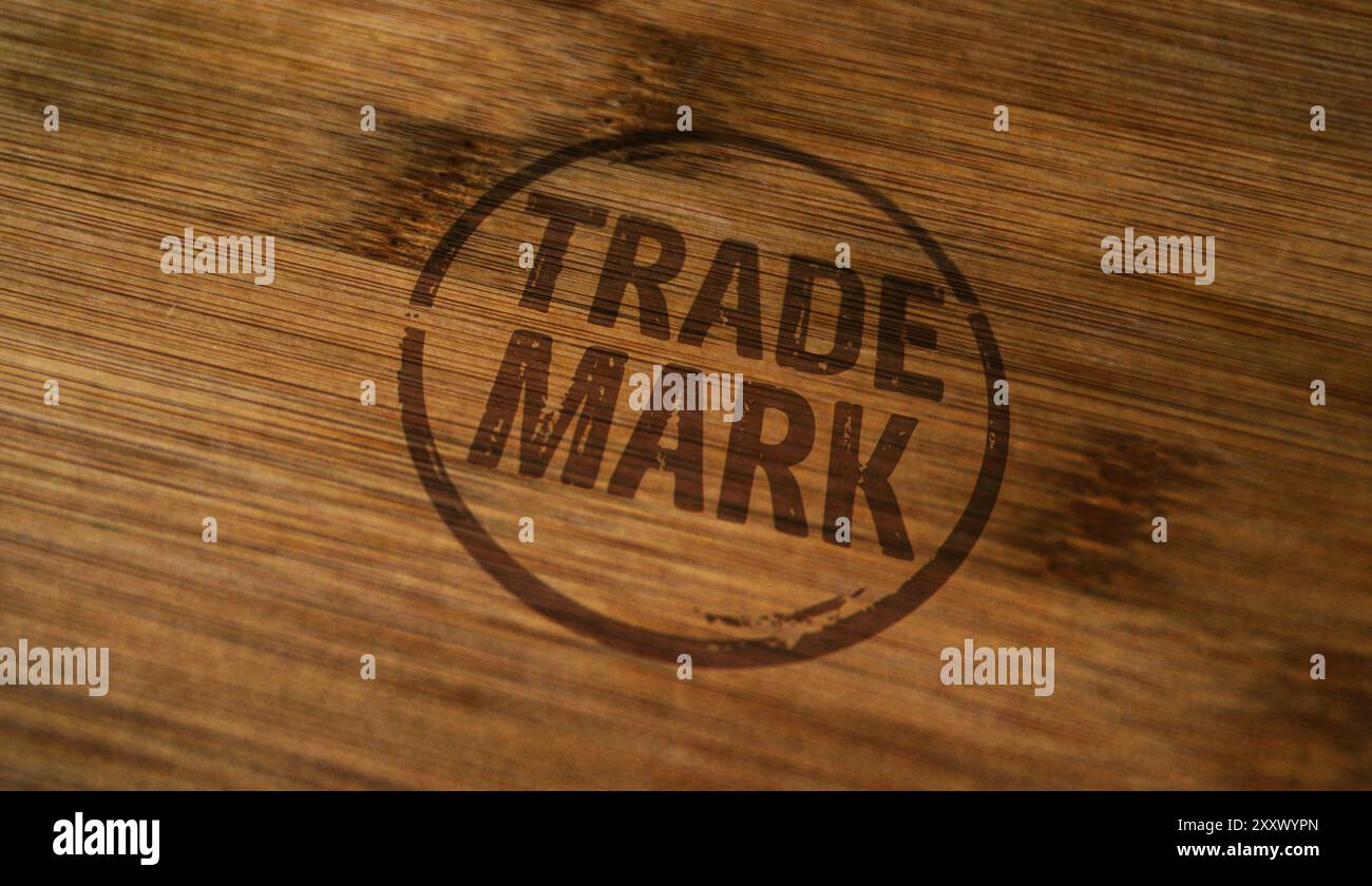 Trademark stamp printed on wooden box. Trade mark intellectual property ...