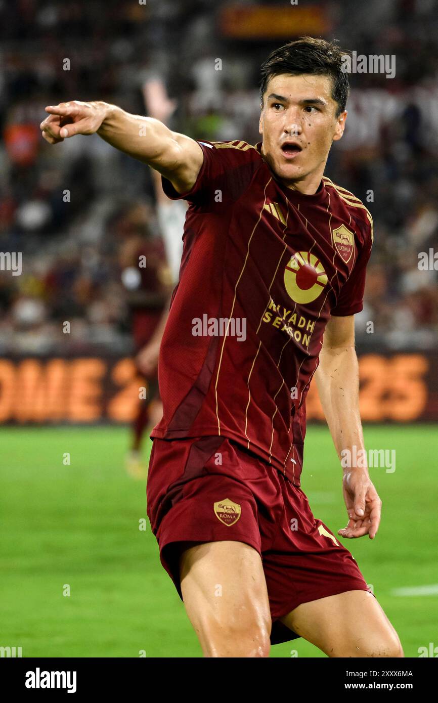 Eldor Shomurodov of AS Roma gestures during the Serie A football match