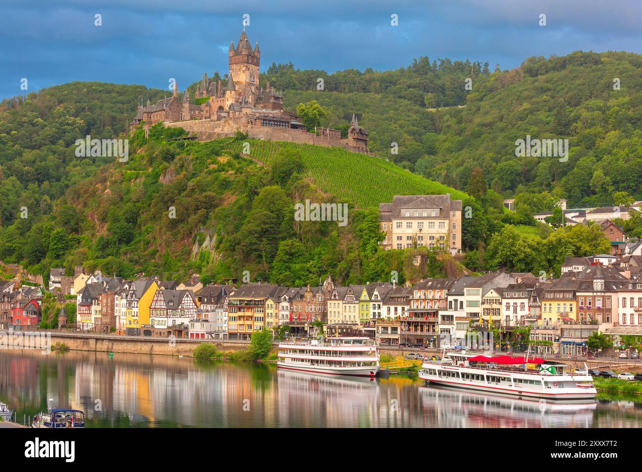 Cochem, beautiful town on romantic Moselle river, Reichsburg castle on hill, Germany Stock Photo
