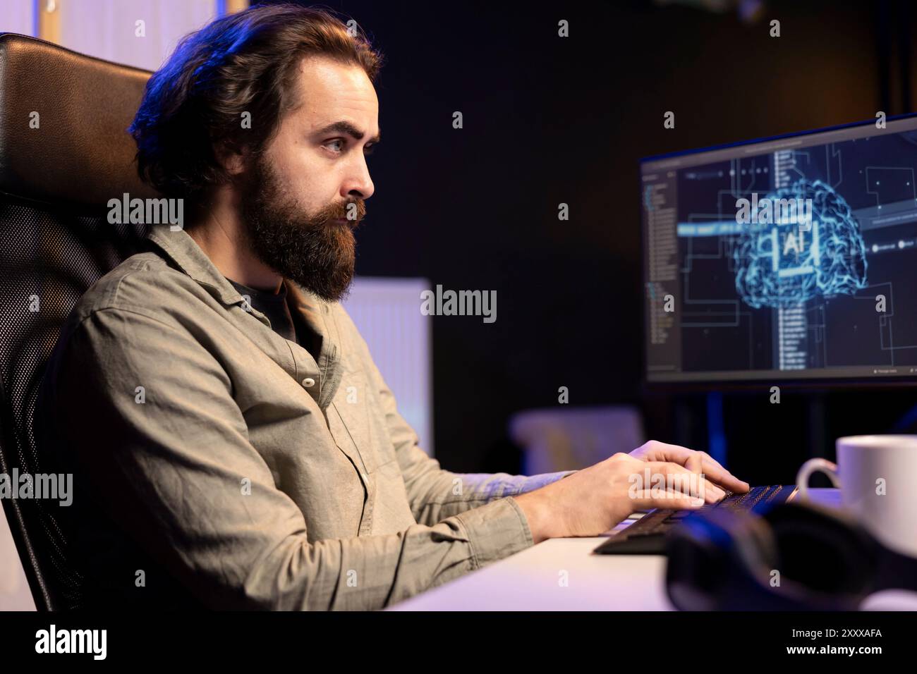 Computer engineer updating artificial intelligence neural networks, writing binary code scripts. Teleworking system administrator upgrading high tech AI in neon illuminated apartment office Stock Photo