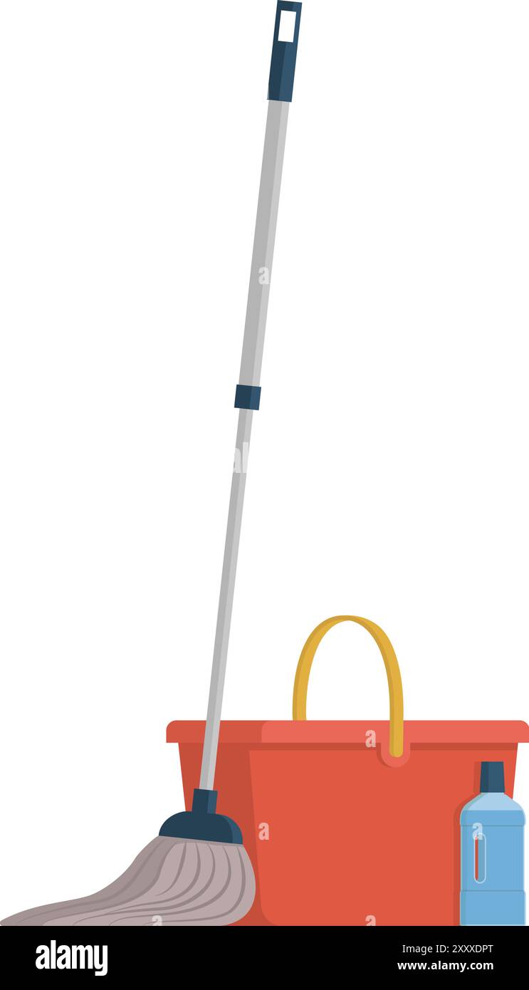 Household chores and disinfection equipment: mop, bucket and detergent, isolated Stock Vector