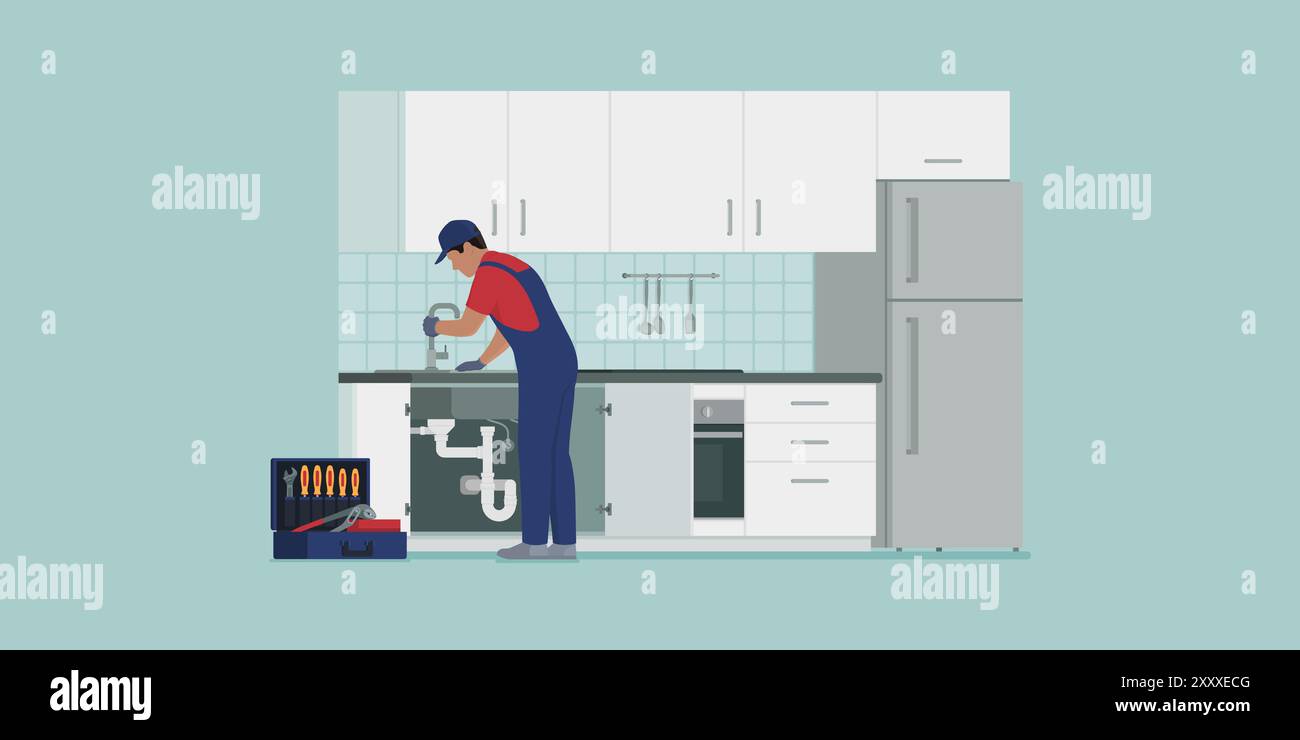 Professional plumber installing a faucet and fixing a kitchen sink drain, professional plumbing service Stock Vector