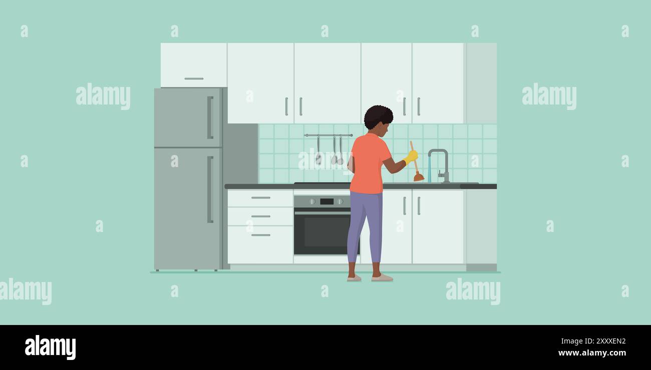 Woman using a plunger and unclogging the kitchen sink, home plumbing problems and DIY Stock Vector