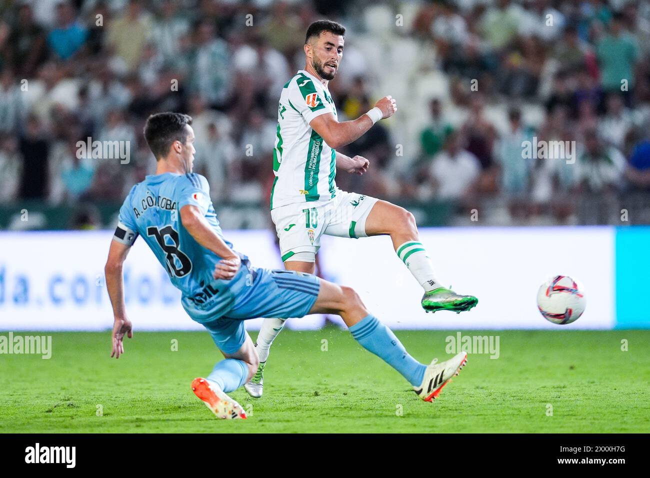 Jacobo Gonzalez of Cordoba CF and Aitor Cordoba of Burgos CF in action  during the Spanish league, LaLiga Hypermotion, football match played  between Cordoba CF and Burgos CF at La Rosaleda stadium