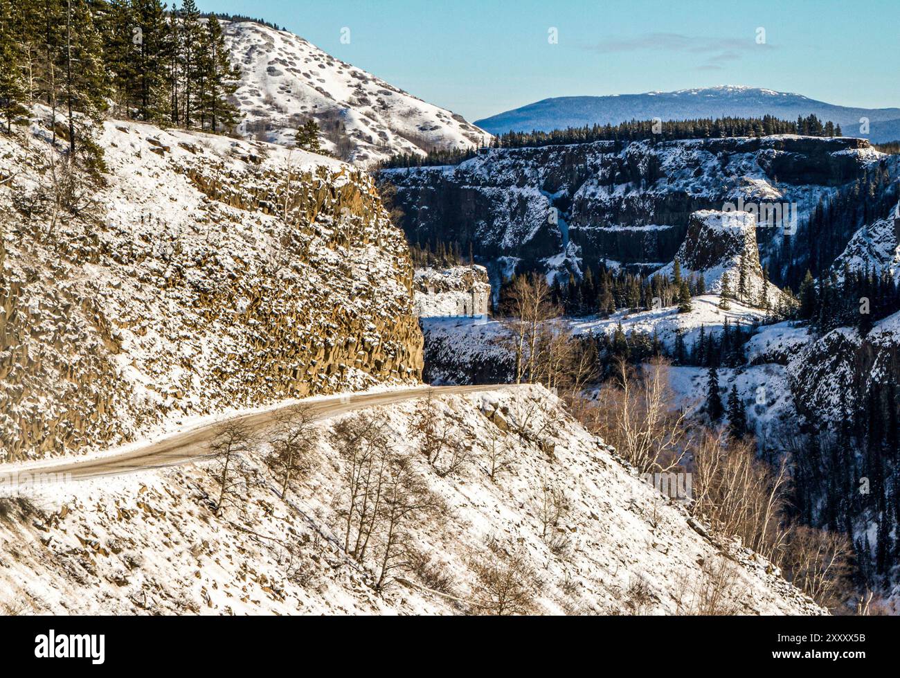 Northern Canadian road through the Stikine Canyon to Telegraph Creek in indigenous territory and historical gold rush. Stock Photo