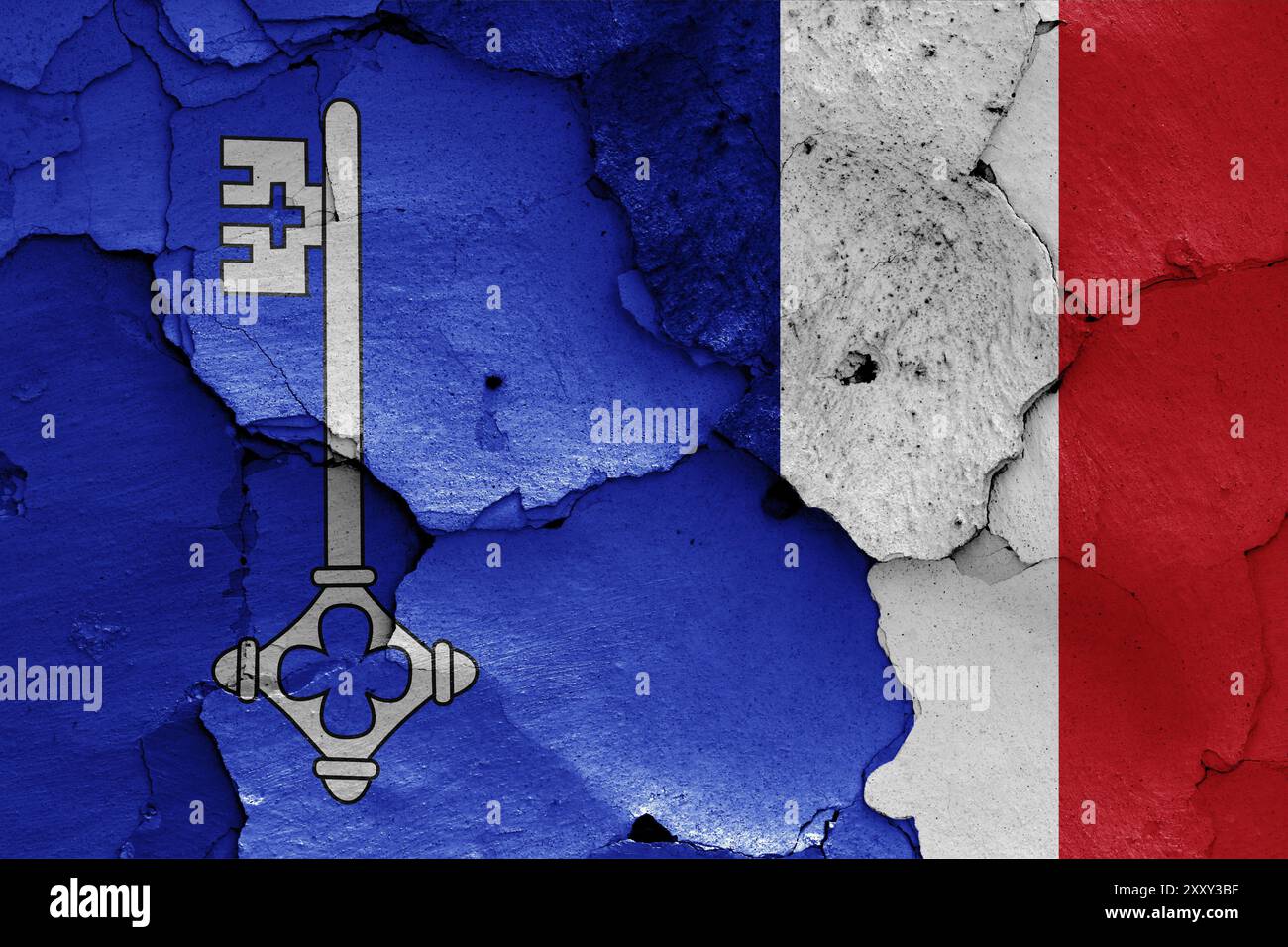 Flags of Cluny and France painted on cracked wall Stock Photo - Alamy