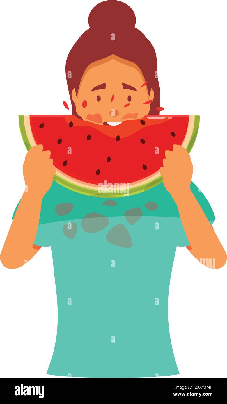 Young woman making mess while enjoying eating slice of ripe watermelon ...