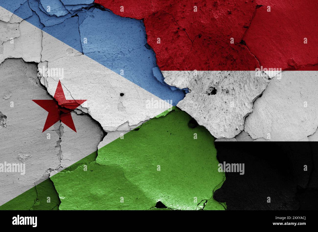Flags of Djibouti and Yemen painted on cracked wall Stock Photo - Alamy