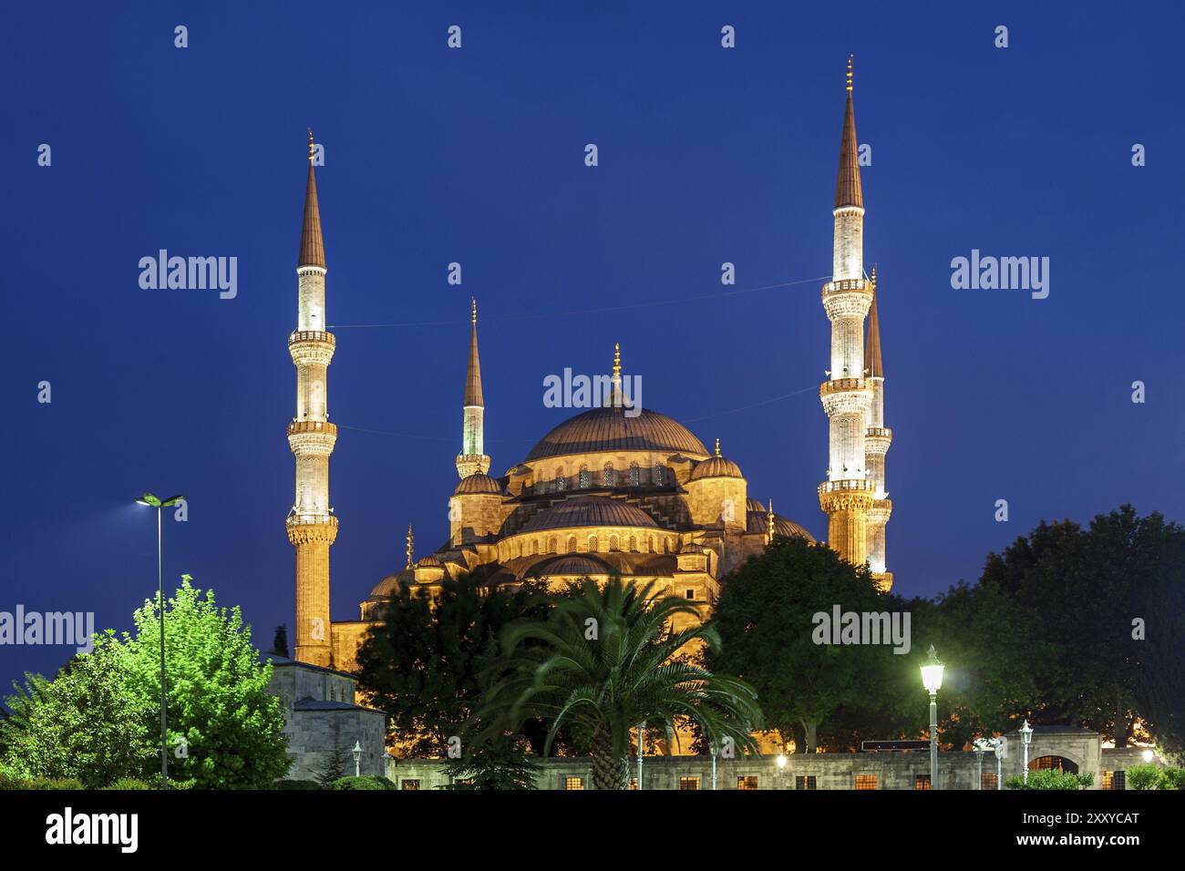 Blue Mosque (Sultan Ahmet Camii) illuminated at night in Istanbul ...