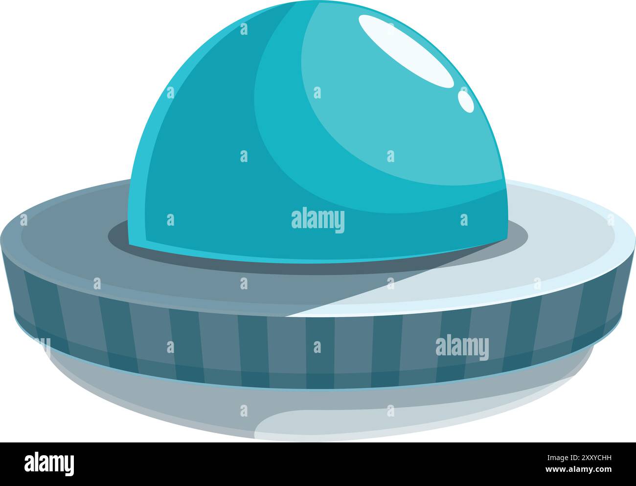 Cartoon style ufo with a blue dome is hovering in the air, ready for an ...