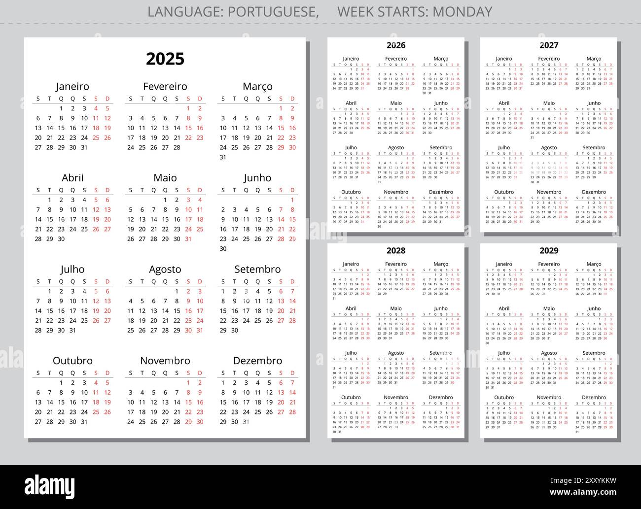 2025, 2026, 2027, 2028, 2029 year portuguese calendars. Printable