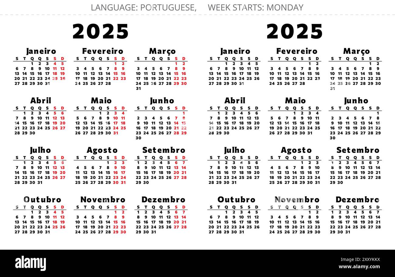 PORTUGUESE vertical calendar for 2025 year. Printable vector
