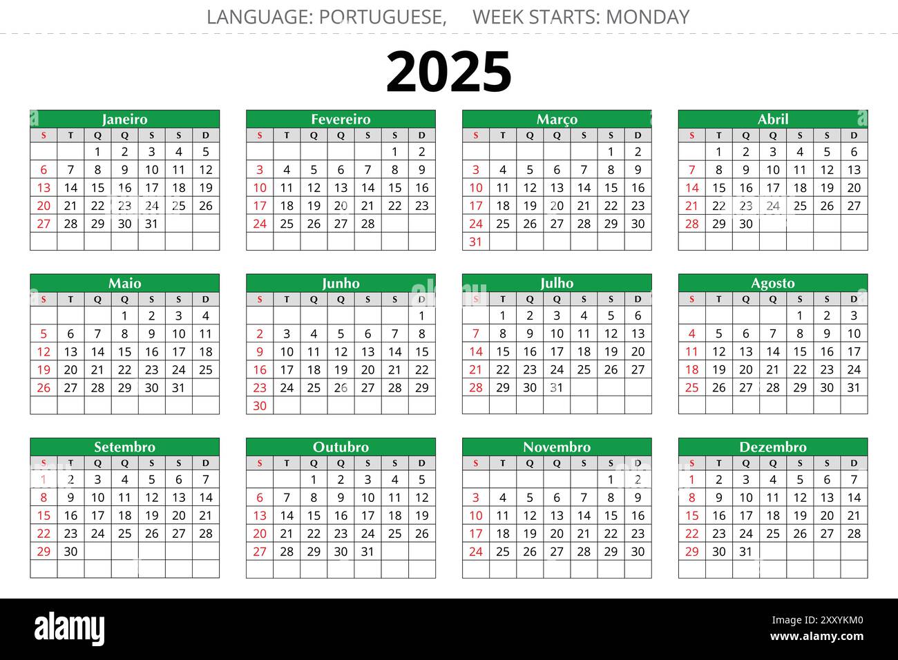 PORTUGUESE calendar for 2025 year. Printable vector illustration in green colors for Portugal