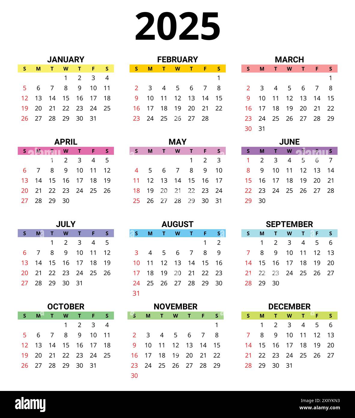 2025 month printable color calendar. Modern vector template