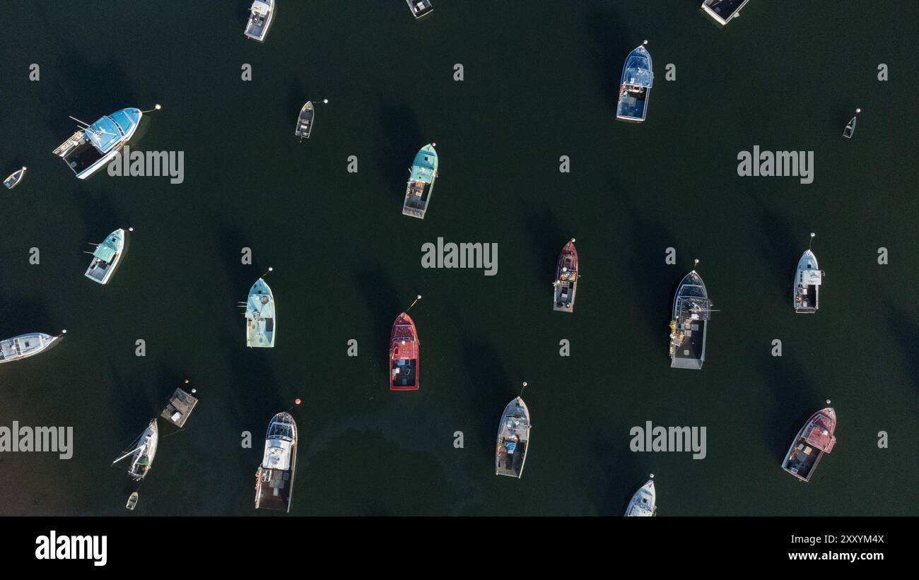 Aerial of fishing boats in Corea Harbor, Corea, Maine Stock Photo