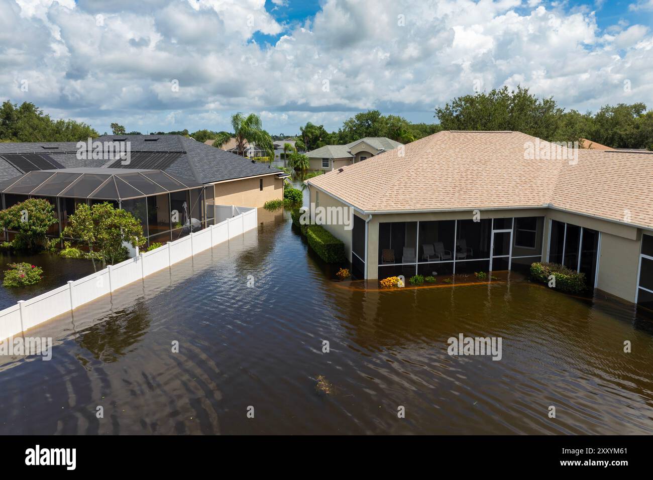 Flooded residential area with underwater houses from hurricane rainfall ...