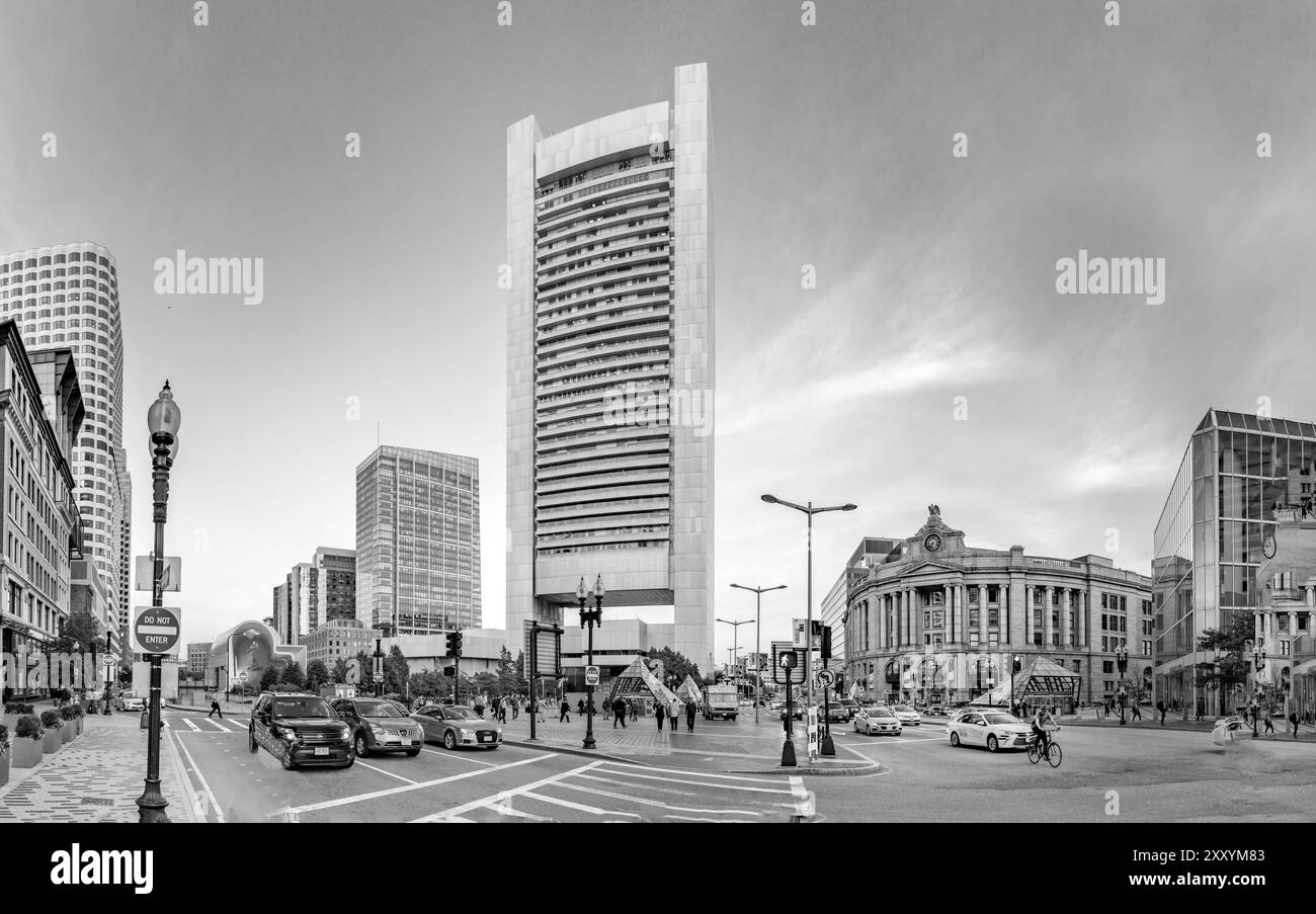 BOSTON, USA - SEP 12, 2017: skyscraper and old south train station with ...