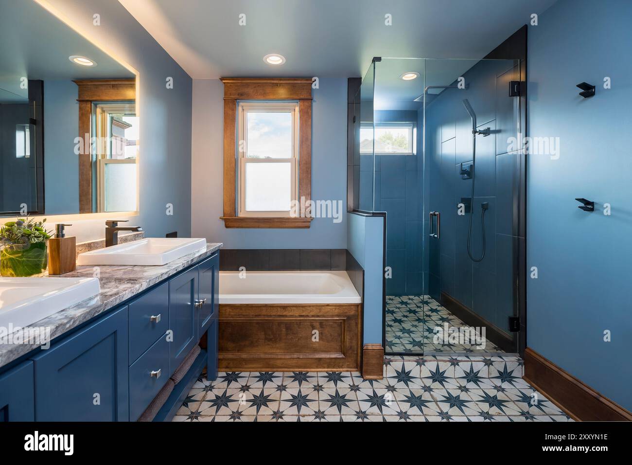 Dark blue tile on shower wall hi-res stock photography and images - Alamy, image size:1300x956