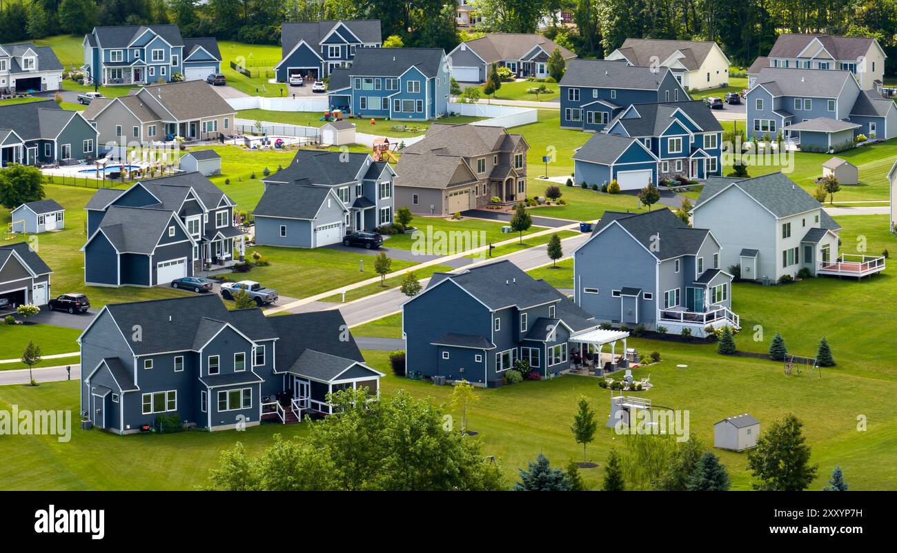 Top view of expensive two story private houses in Rochester NY suburbia ...