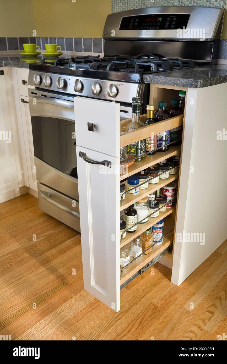 Rolling spice rack next to stove sale