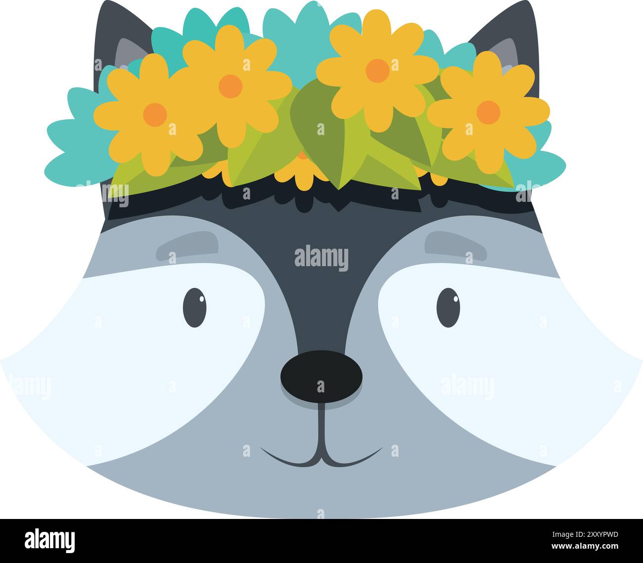 Cartoon raccoon head with a floral crown smiling happily Stock Vector