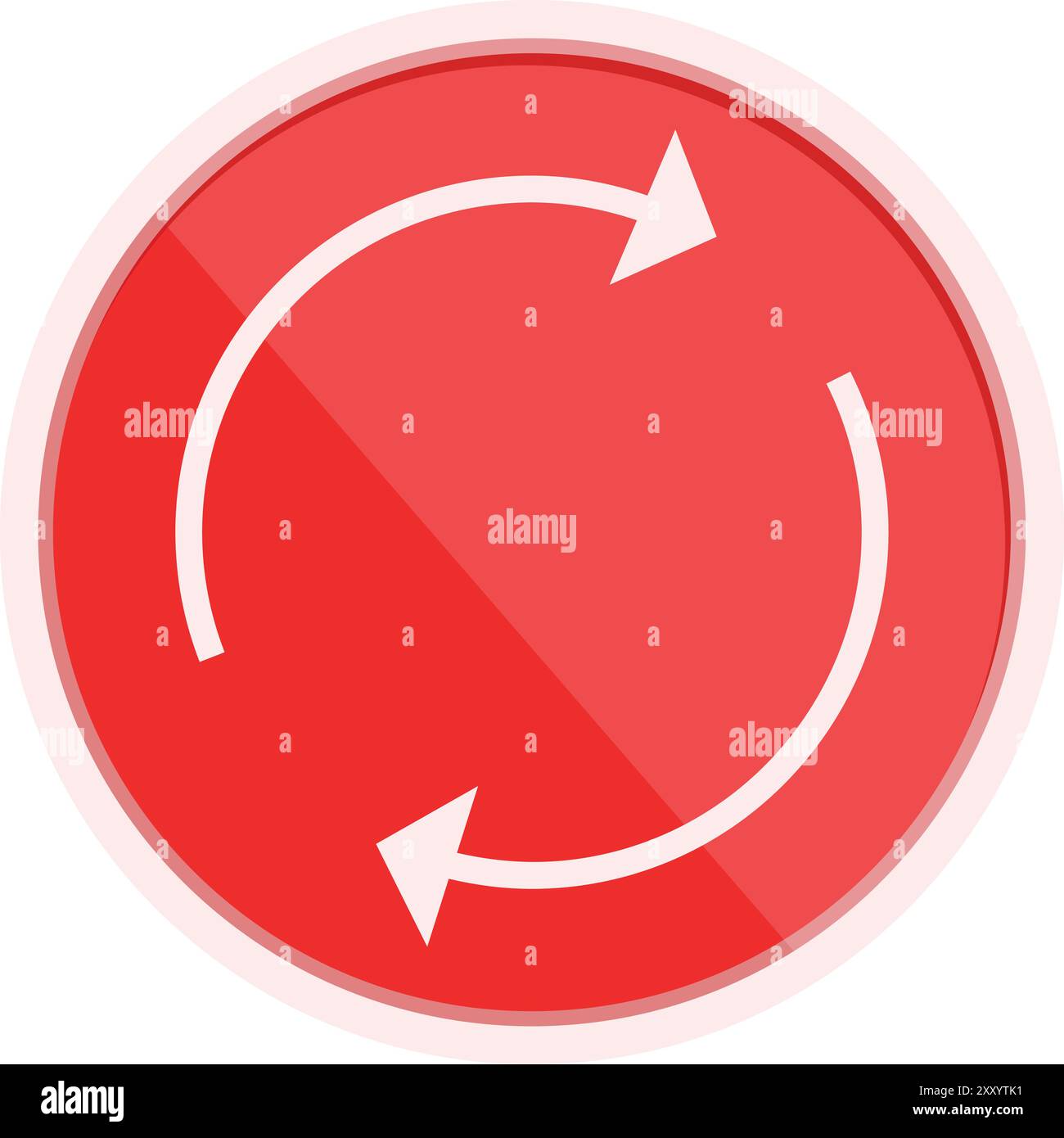 Circular red button showing two white arrows forming a circle and giving a reload symbol Stock Vector
