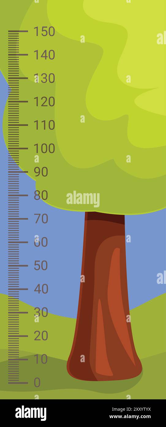 Cartoon tree growing next to a height measurement chart with numbers for children to measure their height Stock Vector