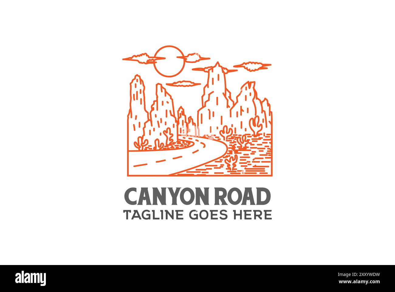 Vintage Retro Texas Canyon with Road and Cactus Desert Logo Design Vector Stock Vector