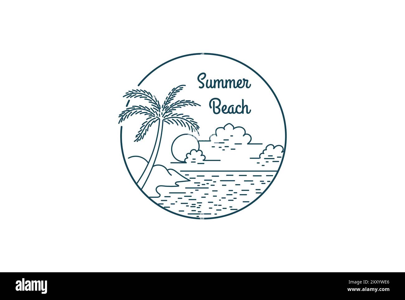Sunset Beach with Palm Tree Line Linear Badge Emblem Logo Design Stock Vector