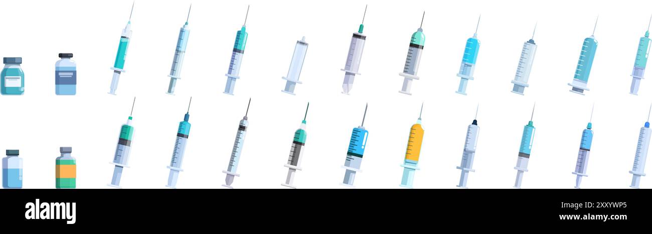 Plastic syringe icons set. Set of medical syringes and flasks for ...