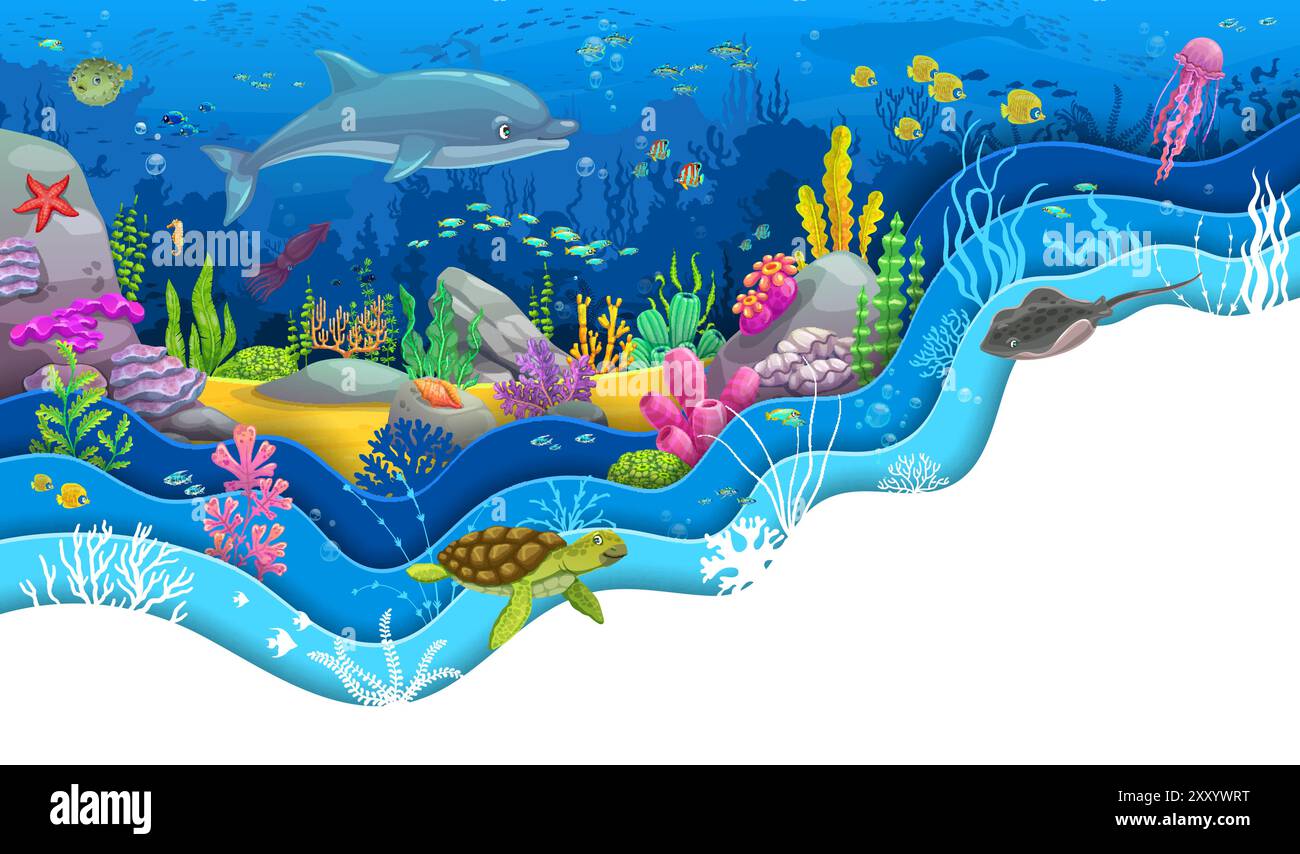 Funny cartoon dolphin and turtle at paper cut sea underwater landscape ...