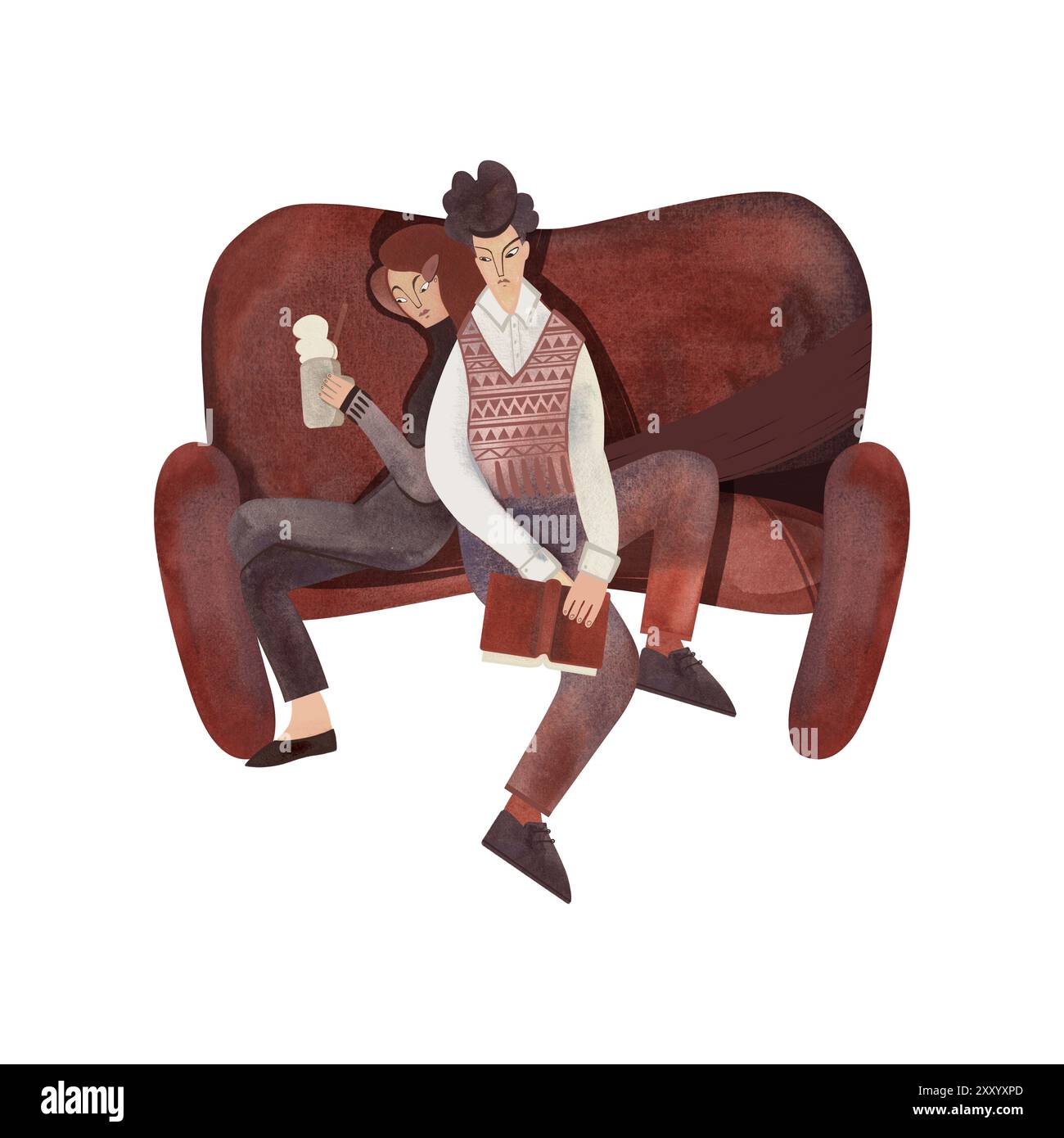 Love of reading. Young couple dressed in vintage clothes reading on brown shabby sofa. Boy and girl. 1960s style. University students with books. Calm Stock Photo